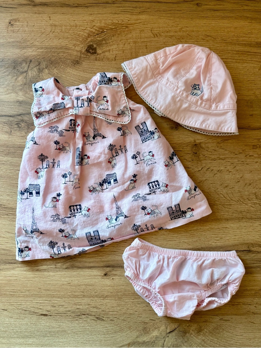 Janie and Jack Pink Paris Print Dress Set with Hat & Bloomers